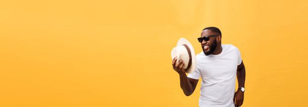Young black man top dancing isolated on a yellow background - Foto, immagini
