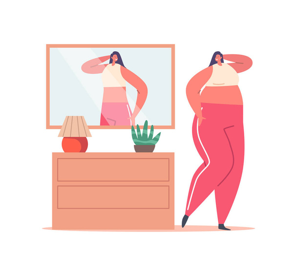 Female Character with Eating Disorder, High Self-esteem Concept. Fat Woman With Distorted Inadequate Perception Looking In Mirror see herself Slim, Dysmorphophobia Problem. Cartoon Vector Illustration - Vector, Image