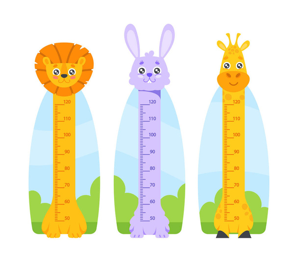 Tabla de altura de los niños con animales lindos. Medidor de crecimiento para niños, etiqueta engomada de pared para medir la altura de los niños con personajes de león, conejo y jirafa. Divertidos gobernantes o escalas. Ilustración de vectores de dibujos animados - Vector, Imagen
