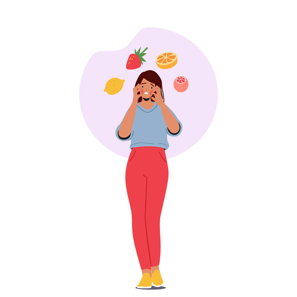 Симптом пищевой аллергии на цитрусовые и ягодные продукты. Женский персонаж получил красные пятна на лице из-за аллергической реакции, изолированной на белом фоне. Вектор карикатурных людей - Вектор,изображение
