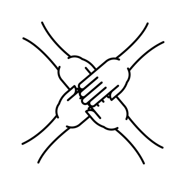 Čtyři ruce nad sebou ikony. Lidé spojeni rukama k sobě. Vektorová ilustrace. Sportovní tým, charita nebo symbol skupiny dobrovolníků. - Vektor, obrázek
