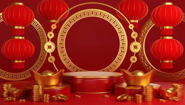3d ilustración de podio etapa redonda podio y papel arte chino año nuevo, cestivales chinos, mediados de otoño festival, corte de papel rojo, flor y elementos asiáticos en el fondo. - Foto, imagen