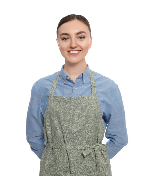 Beautiful young woman in clean apron on white background - Foto, immagini