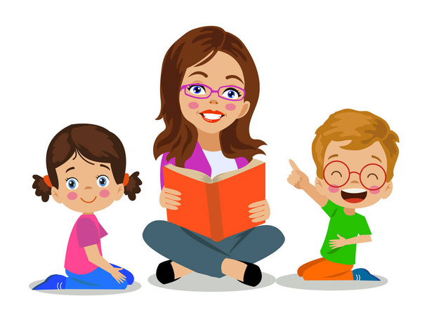 δάσκαλος ανάγνωση βιβλίων στην τάξη με τους μαθητές - Διάνυσμα, εικόνα