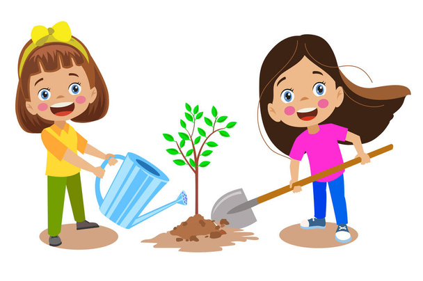 かわいい幸せな子供たちが苗木を植え - ベクター画像
