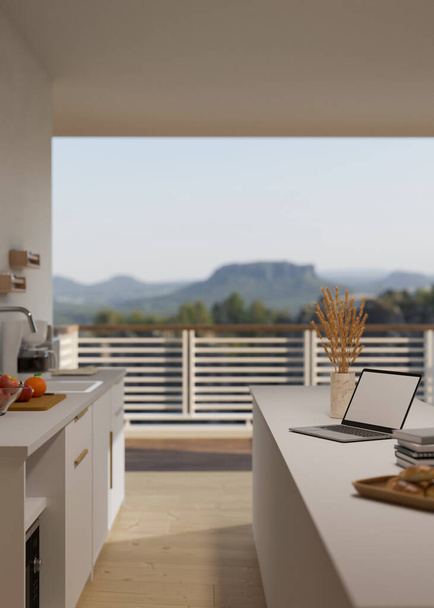 現代的なキッチン島や窓の美しい自然山の景色を望む現代の家庭用キッチン調理スペースでのキッチンカウンターでアクセサリーとノートパソコンのモックアップ。3Dレンダリング、 3Dイラスト - 写真・画像