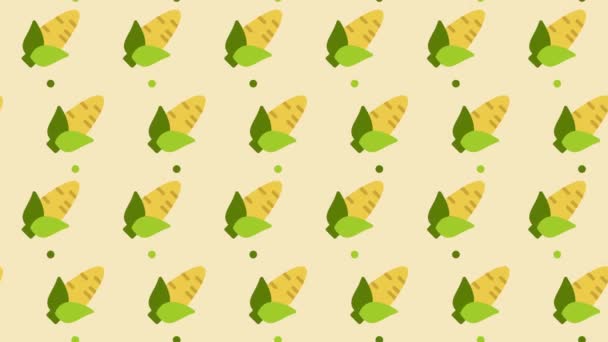 Patroon achtergrond met likdoorns. Maïs groente animatie. Leuke patroon animatie met likdoorns. Gezonde voedselachtergrond. 4K naadloze lus videobeelden - Video