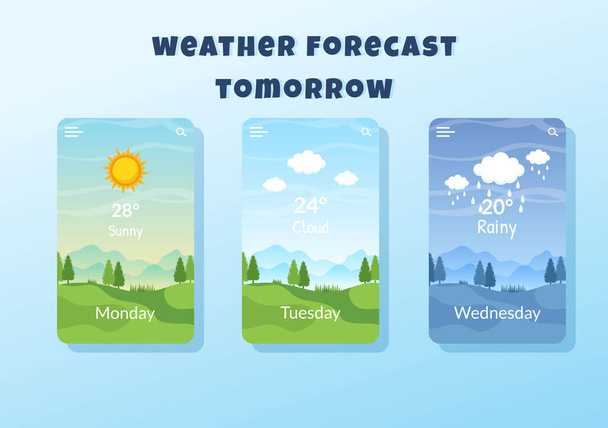 Soorten weersomstandigheden met zonnig, bewolkt, winderig, regenachtig, sneeuw en stormachtig in Template met de hand getekend cartoon platte illustratie - Vector, afbeelding