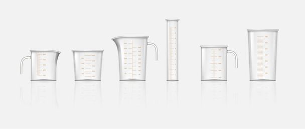Набір пластикових мірних глечиків. Реалістичні скляні чашки з шкалою вимірювання для об'єму ізольовані на білому тлі. Контейнери для приготування їжі або хімікатів. Векторні ілюстрації
 - Вектор, зображення