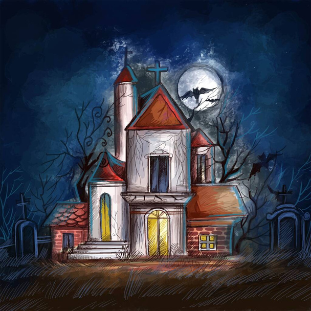 Dark halloween haunted house with moon background - Vector, Image