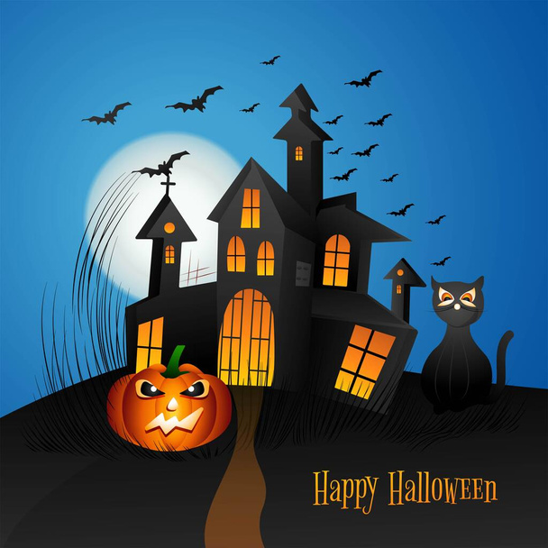 Halloween pumpkin spooky haunted house with moonlight on blue background - Vector, Image