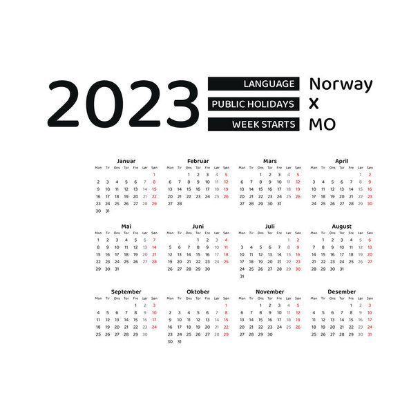 Календар Норвегії 2023. Тиждень починається з понеділка. Векторний графічний дизайн. норвезька мова. - Вектор, зображення