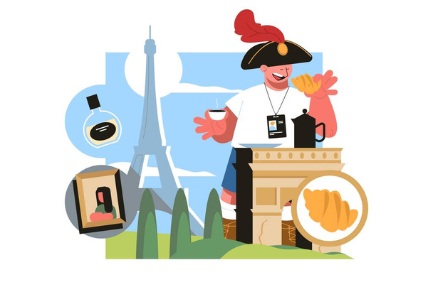 Παρίσι διάσημο ταξιδιωτικό ορόσημο κτίρια και αρχιτεκτονική αξιοθέατα διανυσματική απεικόνιση. Γαλλικός πολιτισμός, μόδα, κουζίνα και εθνικά σύμβολα - Διάνυσμα, εικόνα