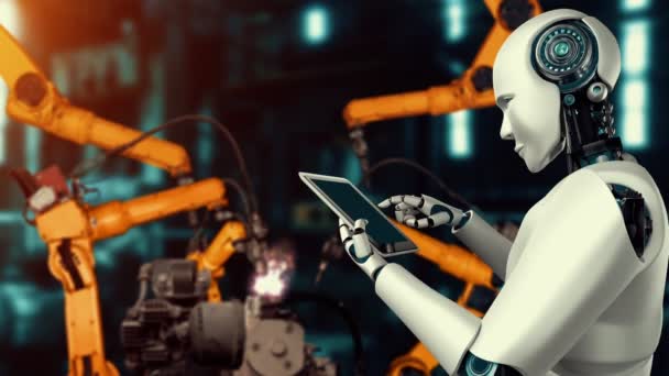 Cybernated industry robot and robotic arms for assembly in factory production . Concept of artificial intelligence for industrial revolution and automation manufacturing process . - Metraje, vídeo
