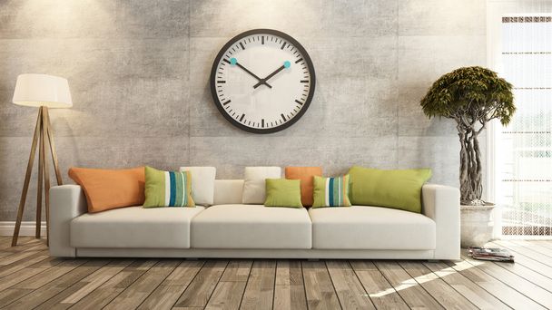 Sala de estar con reloj grande en la pared de hormigón 3d renderizado
 - Foto, Imagen