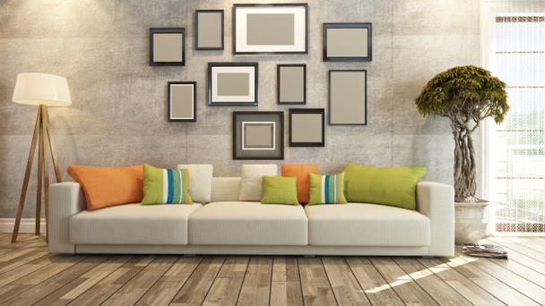 Diseño de interiores con marcos en la pared de hormigón 3d renderizado
 - Foto, imagen