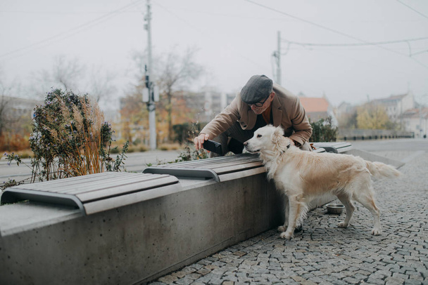 Elegant senior man with smartphone taking selfie with his big dog and walking outdoors in winter city. - Zdjęcie, obraz