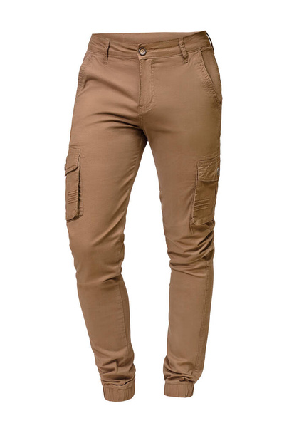 Brązowe męskie spodnie cargo lub spodnie izolowane na białym tle. - Zdjęcie, obraz
