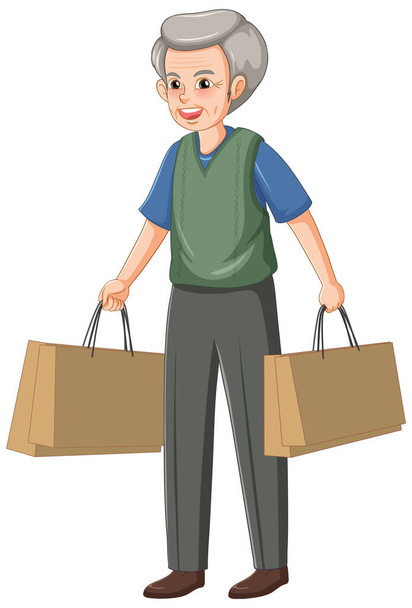A male senior cartoon character carry shopping bag illustration - Vector, Image