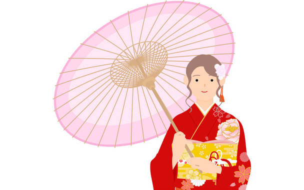 Una mujer en kimono, usando un furisodio (kimono de manga larga) de pie bajo un paraguas - Vector, imagen