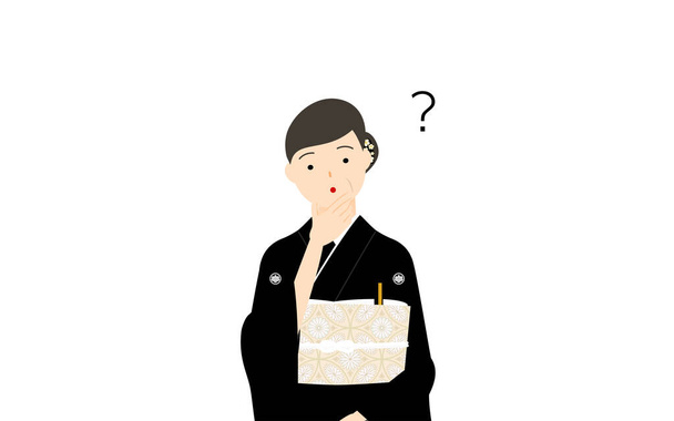 Mulher sênior em kurotomesode, quimono-folheado, posado setHave dúvidas - Vetor, Imagem