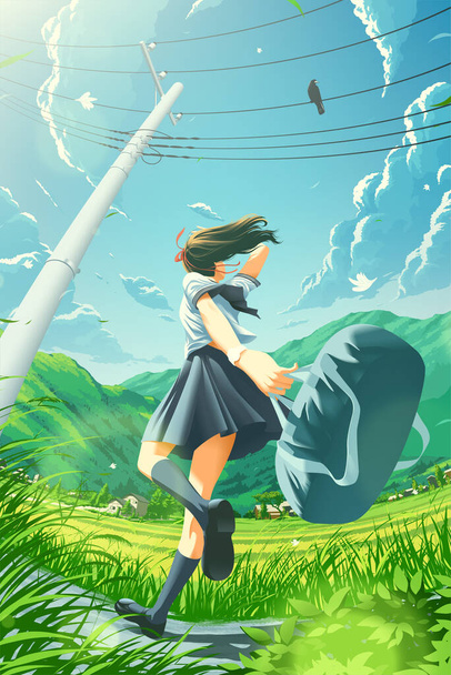 Японская школьница счастливо бежит домой в сельской местности и замечает, что карасу сидит на проводе - Вектор,изображение