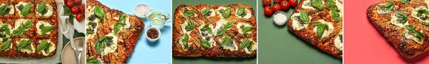 Collection of tasty Italian pie on color background - Photo, Image