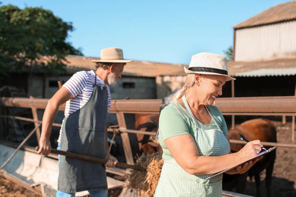 Γυναίκα ώριμος εργαζόμενος κοντά paddock με αγελάδες στο αγρόκτημα - Φωτογραφία, εικόνα