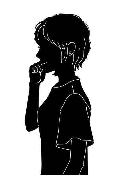 It is an upper body illustration of a woman who is facing sideways.Simple black and white silhouette illustration. - Vector, Image