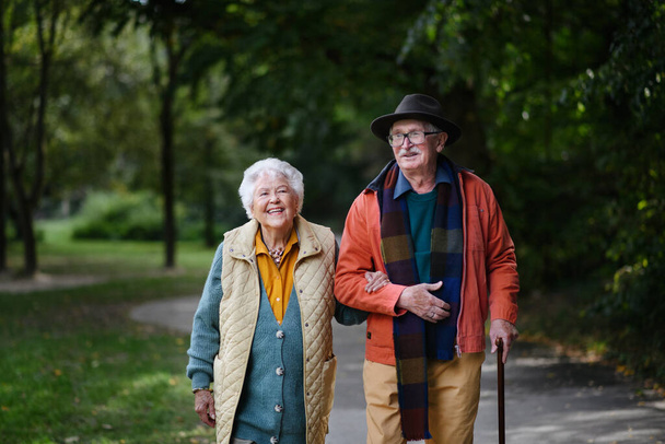 Happy senior couple in autumn clothes walking in park together. - Фото, изображение