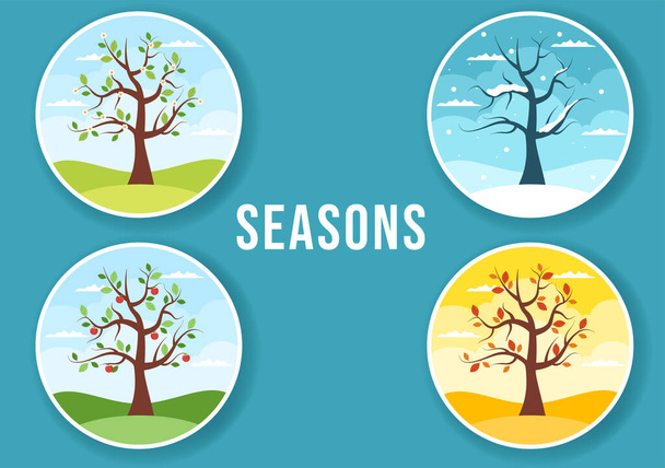 Het landschap van de vier seizoenen van de natuur met landschap lente, zomer, herfst en winter in Template hand getekend cartoon platte stijl illustratie - Vector, afbeelding