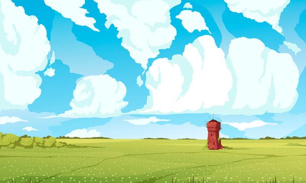 Verão céu fundo com campo e torre símbolos plana vetor ilustração - Vetor, Imagem