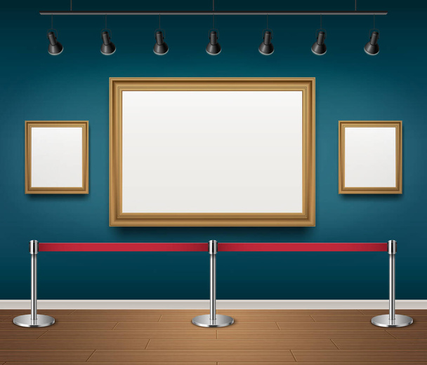 Galleru exhibition realistic mockup with empty picture frame and lightning equipment vector illustration - Vector, Image