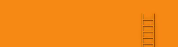 Escalier orange sur fond orange. Escalier se dresse verticalement près du mur. Concept de réussite. Bannière pour insertion dans le site. Place pour l'espace d'adaptation texte. Image 3D. rendu 3D. - Photo, image
