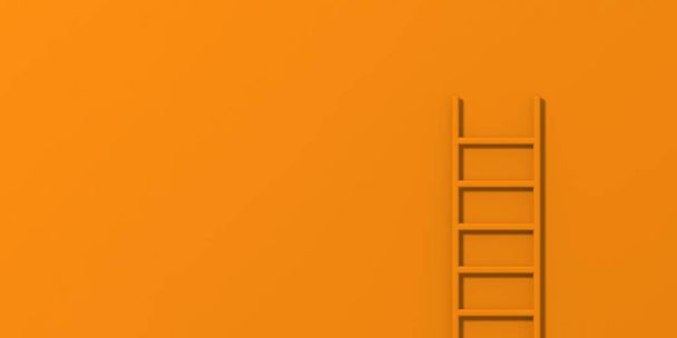 Помаранчеві сходи на помаранчевому тлі. Сходи розташовані вертикально біля стіни. Шлях до концепції успіху. Прапор для вставки на сайт. Місце для текстового простору. 3d зображення. 3D візуалізація. - Фото, зображення