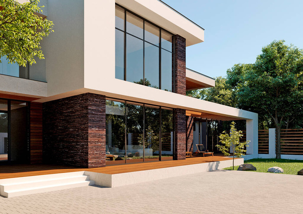 3D-s renderelés egy modern ház lapos tetővel. Modern építészet. Panorámás ház. Luxus ház, villa - Fotó, kép