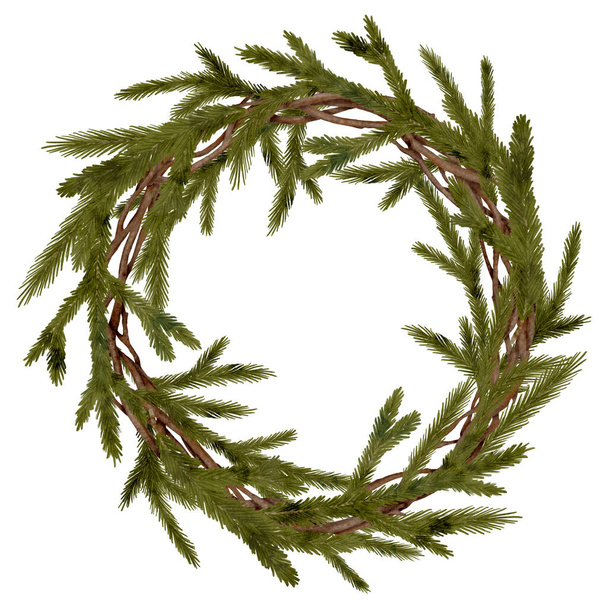 白い背景に隔離された常緑モミの枝と水彩クリスマスリース。冬の緑の枠イラスト。カード用スプルースツリー小枝付きラウンドテンプレート, xmasデザイン - 写真・画像