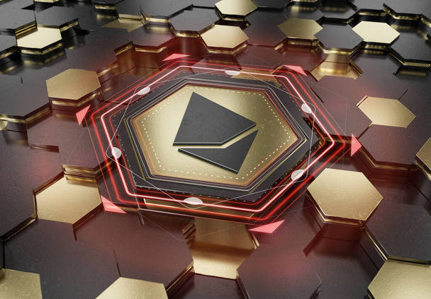 Ethereum icoon concept gegraveerd op goud en zwart metaal zeshoekige pedestrale achtergrond. Crypto valuta symbool gloeien op abstracte digitale oppervlak. 3d destructie - Foto, afbeelding
