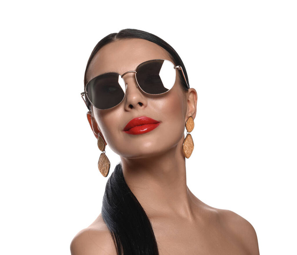 Attractive woman in fashionable sunglasses against white background - Photo, Image