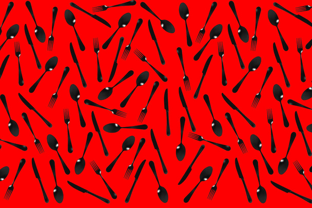 Muster von oben: Gabel, Löffel, Messer auf rotem Hintergrund. Vorlage zum Auftragen auf die Oberfläche. Horizontalbild. Flach lag er. 3D-Bild. 3D-Visualisierung. - Foto, Bild