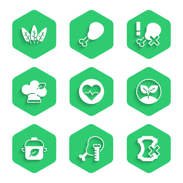 Set Heart rate Genetically modified chicken No leather Sprout Vegan food diet leg and Leaf icon. Vector. - ベクター画像