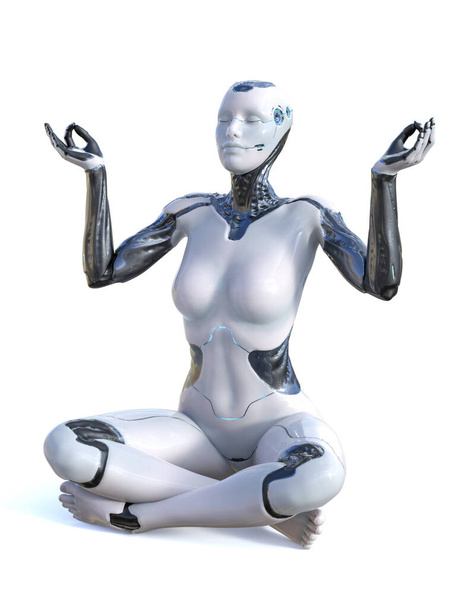 3D rendering di donna robotica seduta gambe incrociate sul pavimento in loto posa tenendo le braccia in alto facendo mudra gyan con le dita e meditando. Fondo bianco. - Foto, immagini