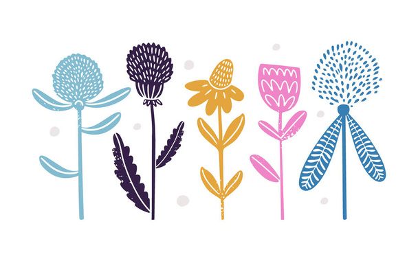 Aseta käsin piirretty kuvioitu silhoetti luonnonvaraisia kukkia linocut tyyliin. Eristetty valkoinen vektori kuva - Vektori, kuva