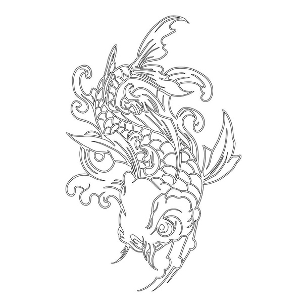 Японская рыба кои с красивыми узорами линии иллюстрации. Антистрессовая раскраска для взрослых. - Вектор,изображение