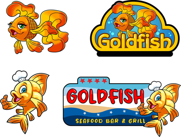 Gold Fish Or Goldfish Cartoon Character Logo Design. Raster Hand Drawn Illustration Isolated On White Background - Vector, Image