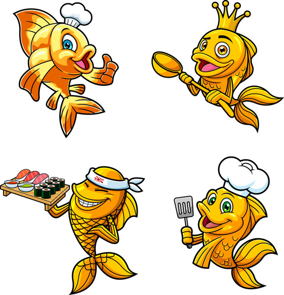 Peixe ou Goldfish personagens de desenhos animados. Raster mão desenhada ilustração isolada no fundo branco - Vetor, Imagem