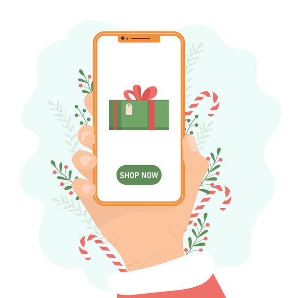 Χριστουγεννιάτικα online ψώνια στο κινητό τηλέφωνο. Χέρι κρατώντας smartphone με κουτί δώρου στην οθόνη. Εικονογράφηση διανύσματος - Διάνυσμα, εικόνα