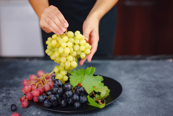 Vineyard Harvest en temporada de otoño. Cultivo y jugo, uvas ecológicas azules, rojas y verdes en la mesa vista desde arriba, vino concepto, mujer sosteniendo uvas - Foto, imagen