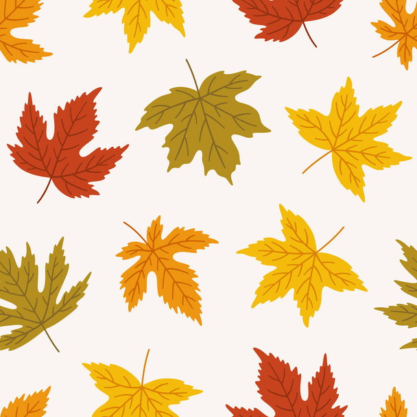 Autumn seamless pattern with different maple leaves. Vector illustration on white background. Fall ornament. Foliage print for fabric, package, wrapping, wall art. Red, orange, yellow, green colors. - Vettoriali, immagini