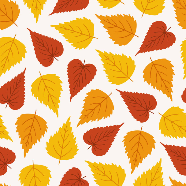 Autumn seamless pattern with colorful birch leaves. Vector illustration on white background. Fall ornament. Foliage print for fabric, package, wrapping, wall art. Red, orange, yellow, colors. - Вектор, зображення